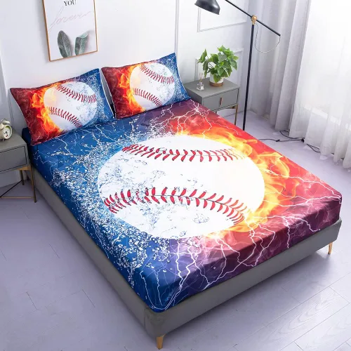 Miniatura 2 de Juegos de Sábanas Deportivas de Béisbol Tamaño Full - 3 Piezas Galaxia de Llama de Hielo Béisbol para Niños Sábanas Ajustables