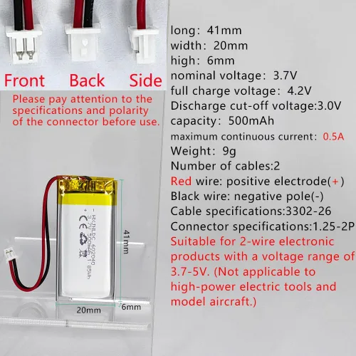 Miniatura 2 de DC 3.7V 500mAh 602040 Batería recargable de polímero de litio, adecuada para productos electrónicos de bricolaje 3.7-5V con reemplazo de batería
