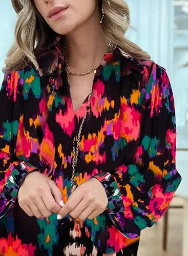 Miniatura 2 de KAYWIDE Blusas holgadas con cuello en V y manga larga para mujer, estilo bohemio, con estampado abstracto y a la moda