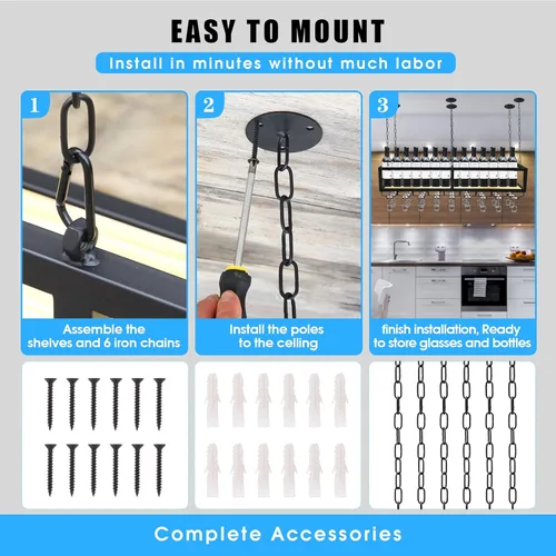 Miniatura 6 de Estante de techo para copas de vino, estante colgante para vino con soporte para vidrio y estante, soporte para botellas de vino colgante industrial
