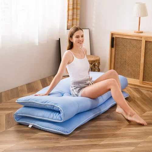 Miniatura 4 de MAXYOYO Colchón japonés de suelo futón, almohadilla gruesa para dormir, colchoneta enrollable, almohadilla de colchón, tumbona plegable para el Azul