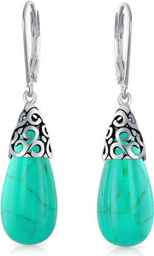 Aretes colgantes de estilo bohemio estilo occidental verde, azul, negro, morado, con piedra preciosa larga alargada, con filigrana en la parte