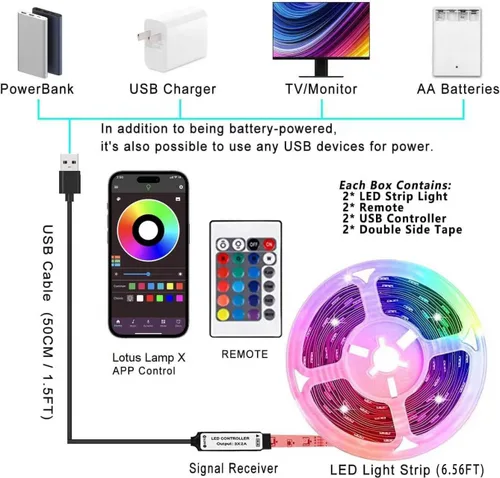 Miniatura 3 de KIKO Tira de luces LED alimentadas por pilas de 2 m, USB/funcionan con pilas, 60 LED 5050 RGB, luces LED de cumpleaños y Navidad con control remoto