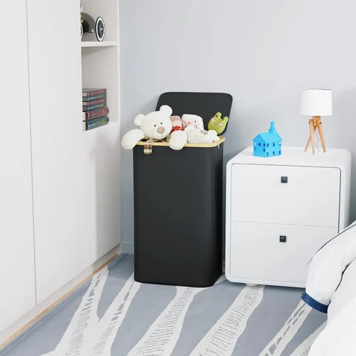 Miniatura 4 de SUOCO Cesta de lavandería con tapa, cesta de ropa de 29 galones (110L) con asas de bambú, cesta grande plegable para la ropa sucia para dormitorio