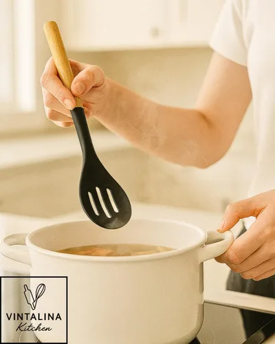 Miniatura 6 de Juego de utensilios de cocina de silicona, sin BPA, no tóxico, antiadherente, resistente al calor hasta 446 °F, asas de madera antiarañazos + Negro