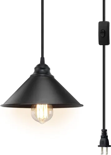 Lámpara colgante enchufable, luz colgante industrial con cable de enchufe, interruptor de encendido/apagado, luz colgante de granja con cable de