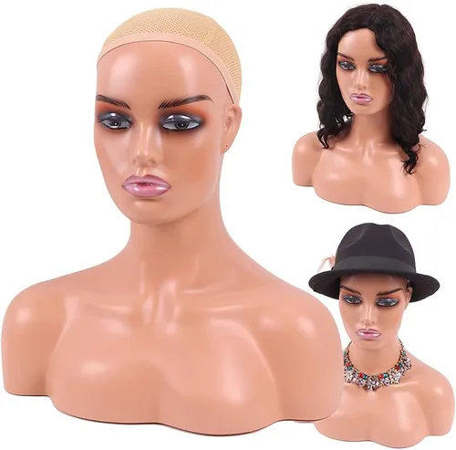 Miniatura 8 de Cabeza de maniquí femenina realista con hombro para exhibición, cabeza de maniquí con hombro para peluca/joyería/maquillaje/sombrero/gafas de sol
