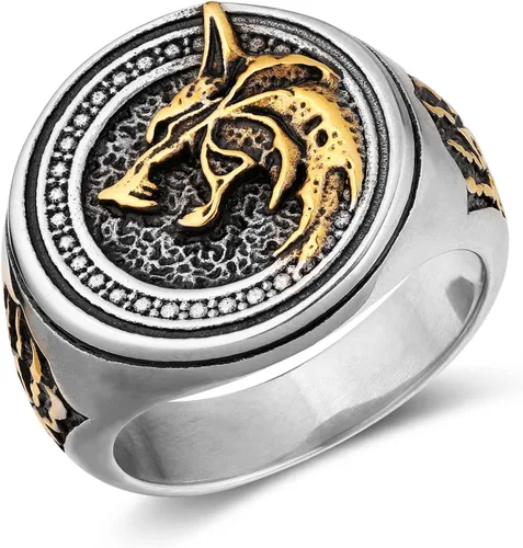 HZMAN Anillo de lobo vikingo nórdico para hombre, acero inoxidable, retro, mago, guerrero, cazador, cabeza de lobo y pata de lobo, joyería de regalo