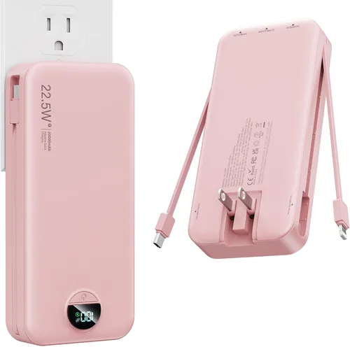 Miniatura 16 de Cargador portátil, 20000 mAh 22.5 W, cargador de energía de carga rápida con cables integrados y enchufe de pared, batería externa USB C con Púrpura