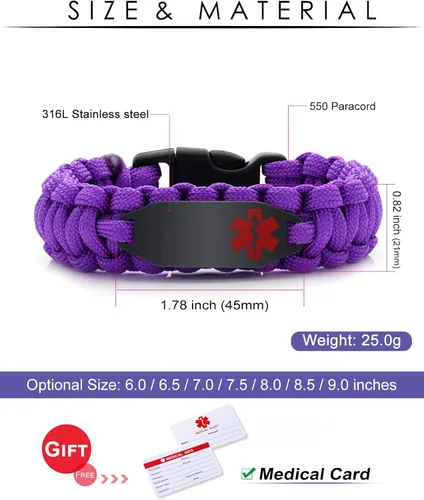 Miniatura 30 de Pulsera de alerta médica Paracord para hombres y mujeres Pulsera de identificación médica de acero inoxidable con hebillas de liberación lateral
