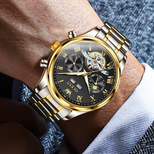 Miniatura 4 de OLEVS Relojes automáticos para hombre, esqueleto Tourbillon, reloj de pulsera de lujo con diamantes de cuerda automática, acero inoxidable