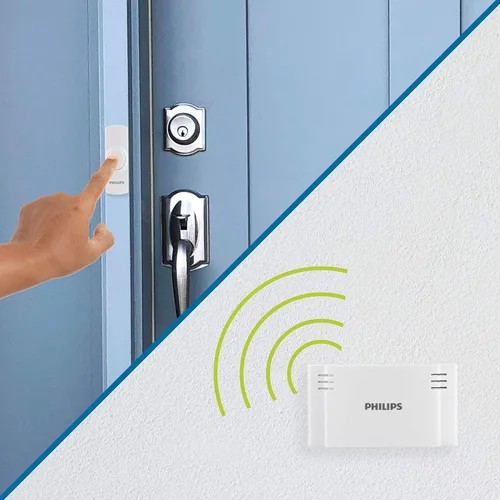 Miniatura 6 de Kit de timbre inalámbrico Philips, receptor operado por batería, 1 botón, 2 melodías, 4 niveles de volumen, rango de 150 pies, color blanco