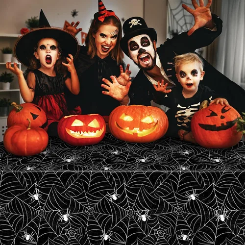 Miniatura 7 de TREWAVE Paquete de 3 manteles rectangulares de tela de araña de Halloween, manteles de plástico de gran tamaño para decoración del hogar