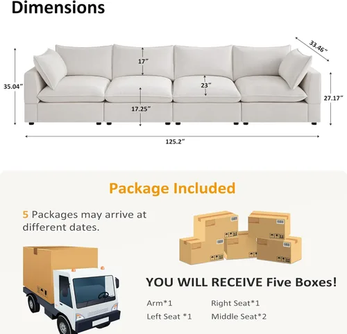 Miniatura 3 de VANOMi Sofá modular seccional, sofá de nube de asiento profundo, cojines ultra cómodos, tapicería suave, funda extraíble, 4 plazas para sala de estar
