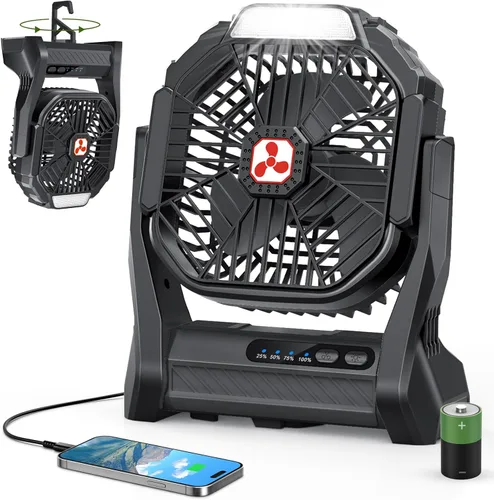 Ventilador Recargable Portátil, 20000mAh Ventiladores de Batería Inalámbrica para Tienda de Campaña con Linterna SOS y LED, Pequeño Ventilador USB C