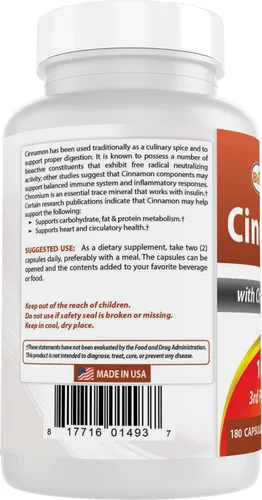 Miniatura 7 de Best Naturals Canela 2000 mg Equivalente con Cromo 400 mcg por porción - Apoyo al metabolismo - 180 Cápsulas