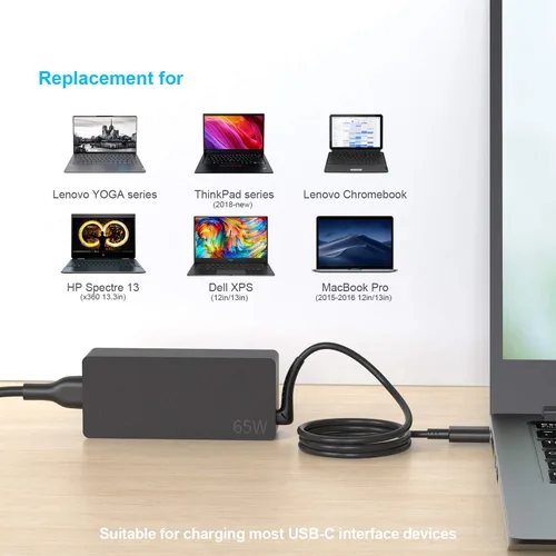Miniatura 3 de Cargador USB-C para laptop de 65 W, cargador Chromebook compatible con Lenovo Chromebook C330 S330 100e 300e 500e Yoga C930 C940 720 ThinkPad T480