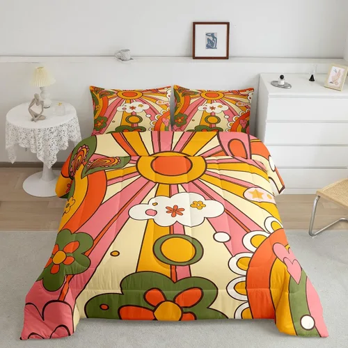 Miniatura 25 de Juego de ropa de cama con estampado floral bohemio, tamaño individual, diseño retro de flores groovy, 60S y 70S, juego de edredón de flores hippie