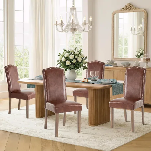 Miniatura 3 de Silla de comedor tapizada moderna y elegante Parsons con respaldo alto con ribete plateado de cabeza de clavo y patas de madera, juego de 4, piel