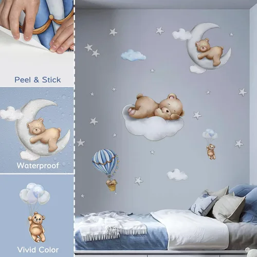 Miniatura 7 de Calcomanías de pared de oso lindo durmiendo en la luna de nubes, calcomanías de pared de oso bebé, calcomanías de pared removibles de hadas, mural