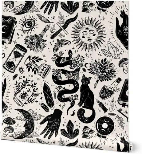 Spoonflower Papel tapiz para despegar y pegar, color negro, blanco, gótico, gótico, mágico, de Halloween, bruja, monocromático, extraíble,