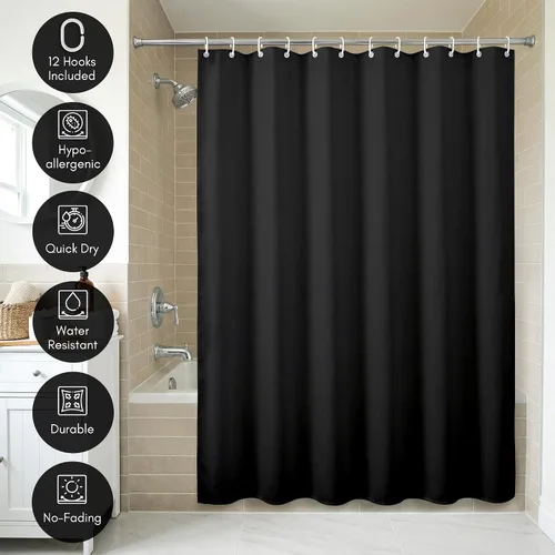 Miniatura 4 de Americanflat 71x74 Cortina de Ducha Sólida Negra - Cortina de Ducha Larga Resistente al Agua con Ojales de Metal Duraderos y 12 Ganchos - 100%