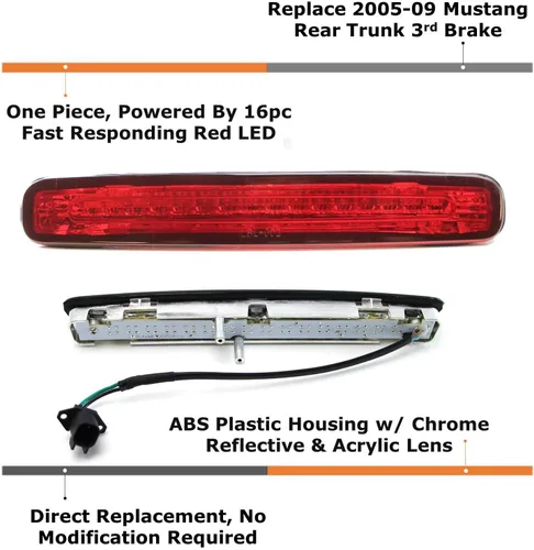 Miniatura 2 de iJDMTOY Reflector cromado de lente roja, luz de freno LED completa compatible con Ford Mustang 2005-2009, alimentado por 16 emisores LED rojos súper