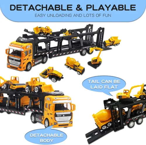 Miniatura 4 de OTONOPI Camión de transporte de automóviles, construcción de autos fundidos a presión, juego de vehículos de juego, camión portador con minicúa