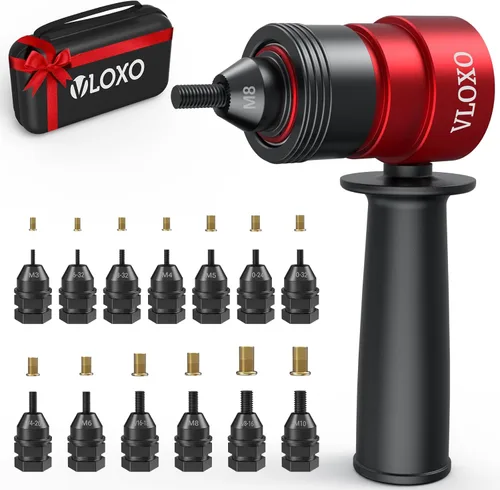 VLOXO - Adaptador de tuerca de remache para taladro eléctrico, kit de pistola de remache mejorado con 13 cabezales de hierro diferentes y 245