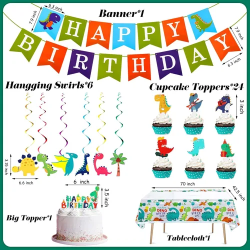 Miniatura 2 de Tessco - 193 piezas de suministros para fiesta de cumpleaños de dinosaurios, incluye platos, tazas, servilletas, pancartas, cuchillos, tenedor
