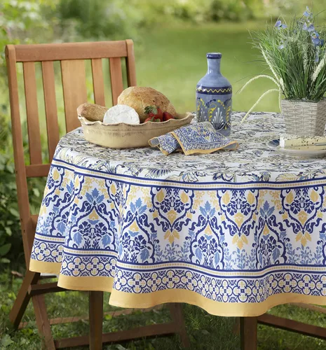 Miniatura 3 de Home Bargains Plus - Mantel redondo de tela, 70 pulgadas, diseño de borde floral con amapolas en amarillo y azul, resistente a manchas y agua
