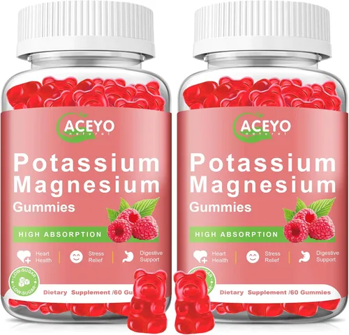 Paquete de 2 gomitas de potasio y magnesio para adultos y niños, de alta absorción, calambres en las piernas, salud muscular y cardíaca, salud