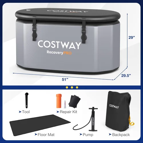 Miniatura 3 de COSTWAY XL - Bañera de hielo ovalada de 129 galones con tapa, bañera inflable portátil para exteriores con mochila, bomba, para frío y terapia, Gris