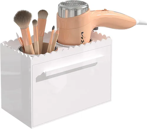 Miniatura 8 de Organizador de herramientas para el cabello, soporte para secadora de pelo de montaje en pared con 2 tazas, diseño festoneado, organizador