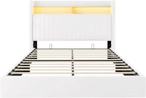 Miniatura 9 de Allewie Marco de cama de almacenamiento hidráulico elevable, tamaño Queen, cabecero de estante de 2 niveles con luces LED y estación de carga, Blanco