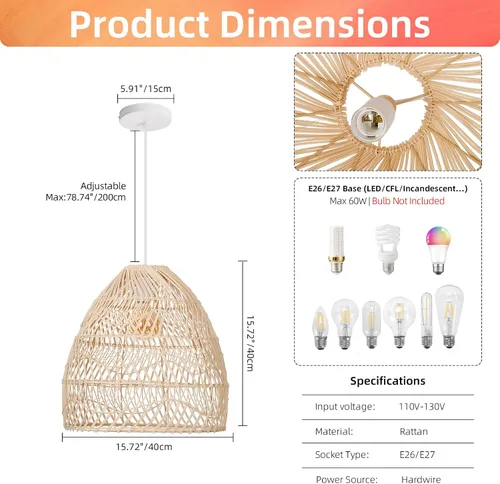 Miniatura 5 de Arturesthome Lámpara colgante de ratán, lámpara de mimbre estilo bohemio, cesta de techo, lámpara colgante grande de tejido natural para fregadero