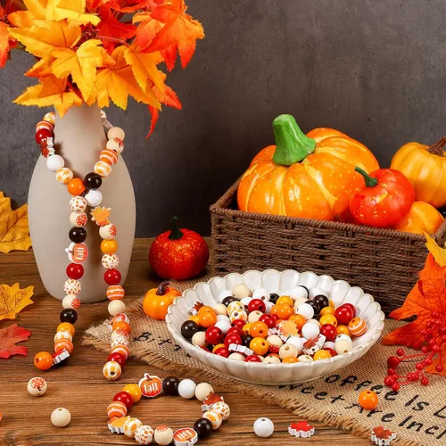 Miniatura 3 de Ripeng 200 cuentas de madera de Acción de Gracias, naranja, cuentas de calabaza, hoja de arce, gnomo, a cuadros, coloridas y redondas para cosecha