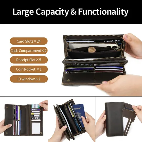 Miniatura 8 de Cartera de cuero de grano completo con bloqueo RFID para hombres con ranuras para tarjetas, bolsillo para monedas, ventana de identificación