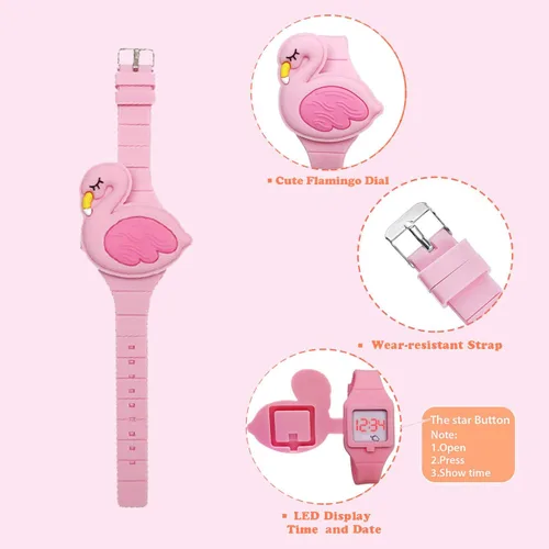 Miniatura 3 de Reloj de aprendizaje para niñas pequeñas de 3 a 8 años, 3D lindo diseño de caricatura de flamenco rosa con diseño de concha para niños, reloj