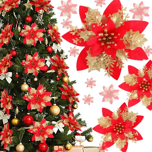 Miniatura 9 de Decoración de Flores de Pascua de Navidad - 12 Piezas de Flores de Pascua Artificiales Rojas Doradas Ornamentos para Árbol de Navidad con Purpurina