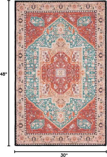 Miniatura 2 de SAFAVIEH Alfombra lavable Tucson Collection - 2 pies 6 pulgadas x 4 pies, aguamarina y óxido, antideslizante y fácil de limpiar, ideal para sala