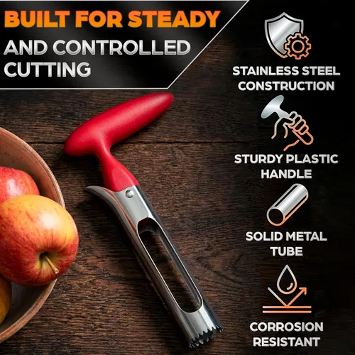 Miniatura 3 de Herramienta descorazonadora de manzana, removedor de núcleo de manzana con mango ergonómico rojo, acero inoxidable duradero y seguro para alimentos