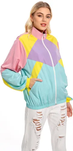 Miniatura 5 de Chaqueta de bloque de color de los años 80 para mujer, rompevientos neón, traje de entrenamiento retro para fiestas temáticas