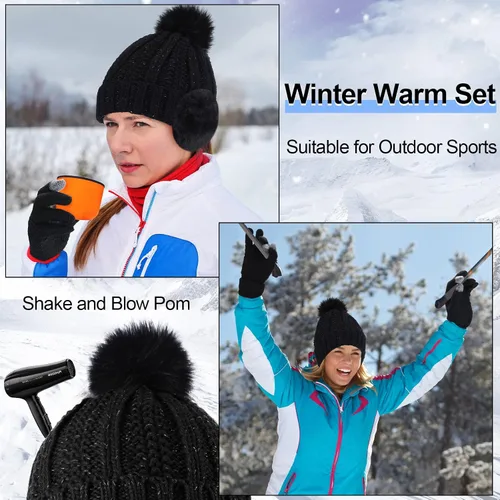 Miniatura 7 de 5 Pieces Women Winter Ski Outing Set, Knit Hat Scarf Gloves Earmuffs Stockings