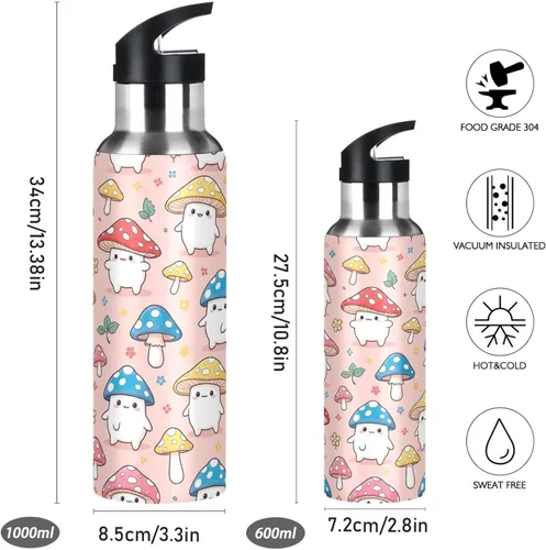 Miniatura 2 de Cute Cartoon Mushrooms Insulated Water Bottle 32 Oz Leakproof Water Bottles, BPA-Free Sports Water Bottle