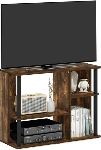 Furinno Classic - Soporte con postes de plástico para televisores de hasta 40 pulgadas, color pino ámbar/negro