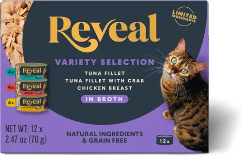 Reveal Fish & Chicken - Paquete variado de comida húmeda para gatos en caldo, paquete de 12, 3 sabores, proteínas, ingredientes limitados, sin