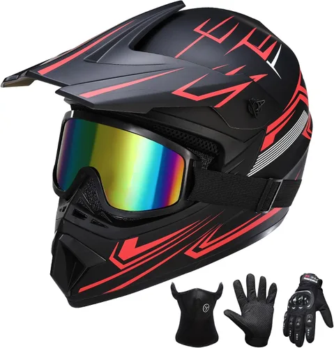Oryxearth Casco de Dirt Bike con certificado DOT, casco de motocicleta todoterreno para adultos con gafas, guantes y máscara con tamaño M/L (rojo,
