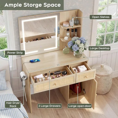 Miniatura 4 de Yechen - Tocador de 35" estilo bohemio con espejo iluminado con LED y regleta de enchufes, juego de mesa de maquillaje de madera con cajones