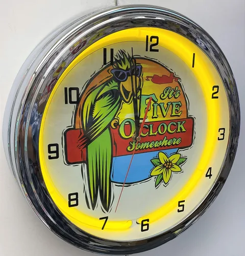 Miniatura 2 de 16" It's 5 O'Clock Somewhere Reloj de pared de neón amarillo Garage Man Cave